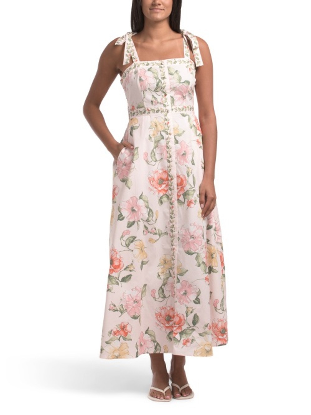 Calypso St. Barth Floral Tie-Shoulder Midi Dress in Blush and Coral